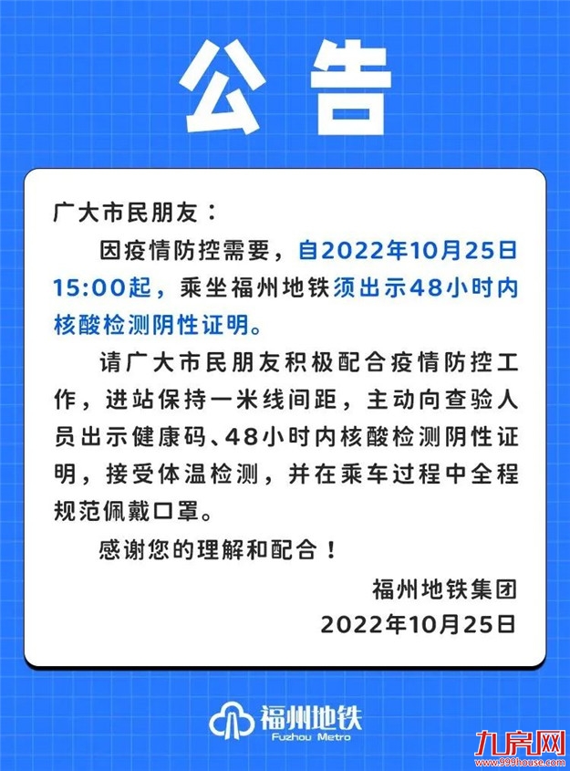 主要！今天15时起，乘福州地铁须出示48小时内核酸证明！——九房网
